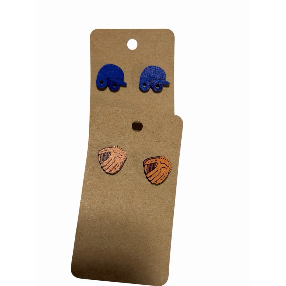 Baseball Stud Earrings Set Wooden Batting Helmet and Glove Blue Brown 2 Pairs